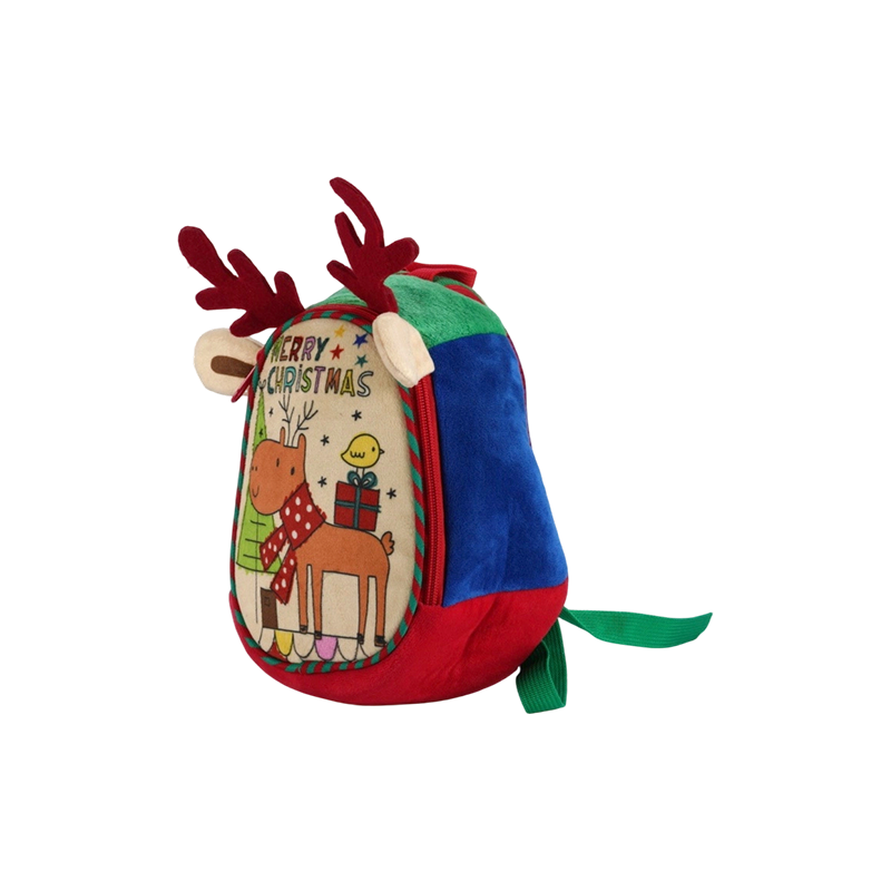Mochila de tela de felpa para niños con estampado de reno navideño