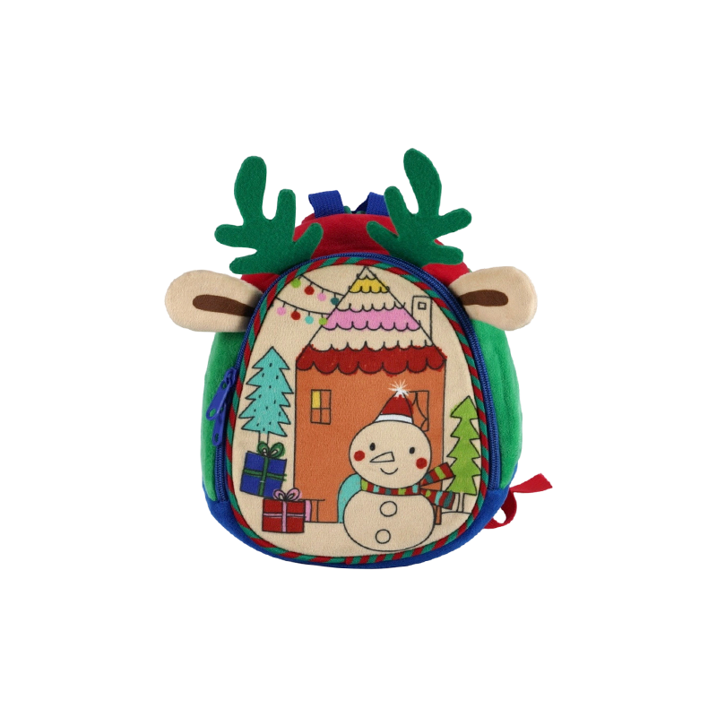 Mochila de tela de felpa para niños con estampado de muñeco de nieve navideño