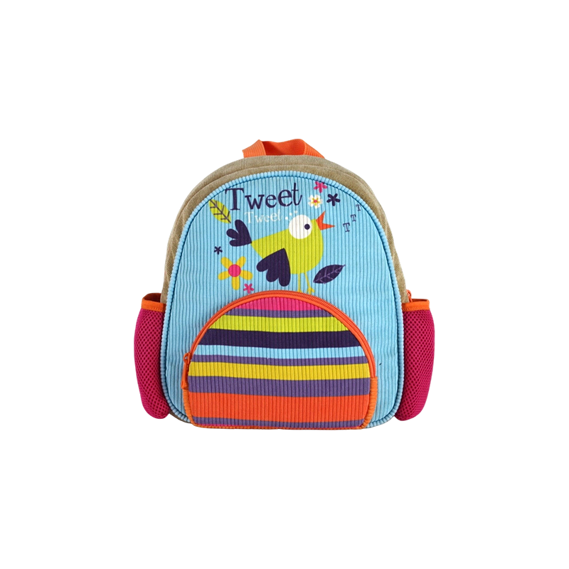 Mochila infantil con estampado de rayas florales y de pájaros (pana)
