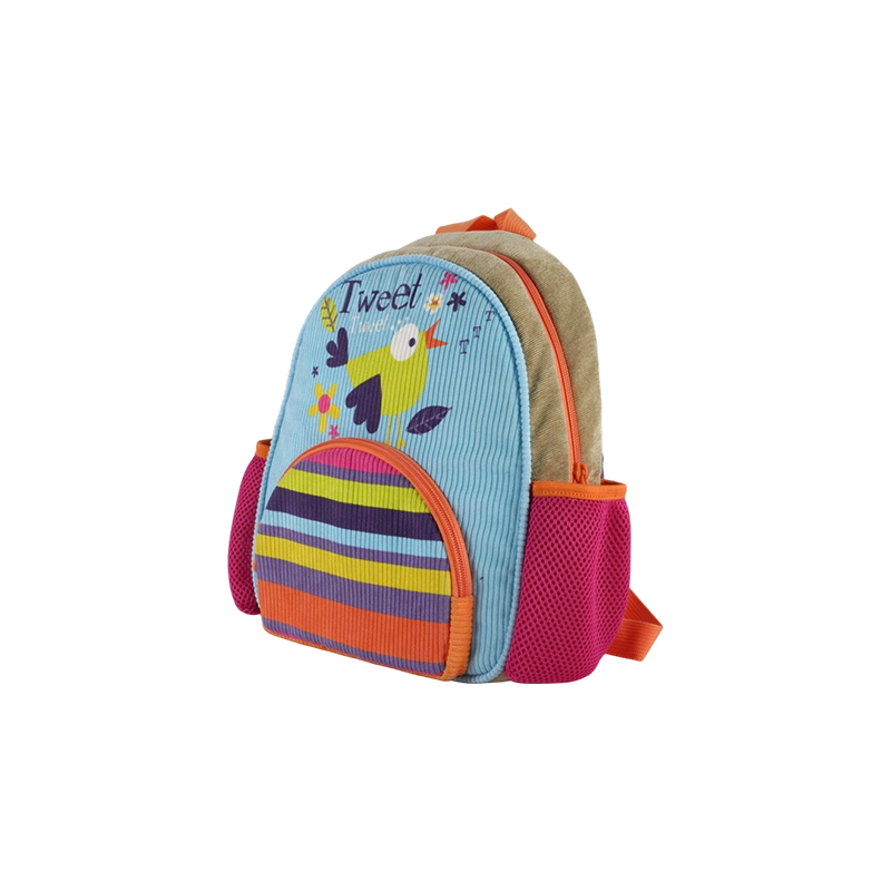 Mochila infantil con estampado de rayas florales y de pájaros (pana)