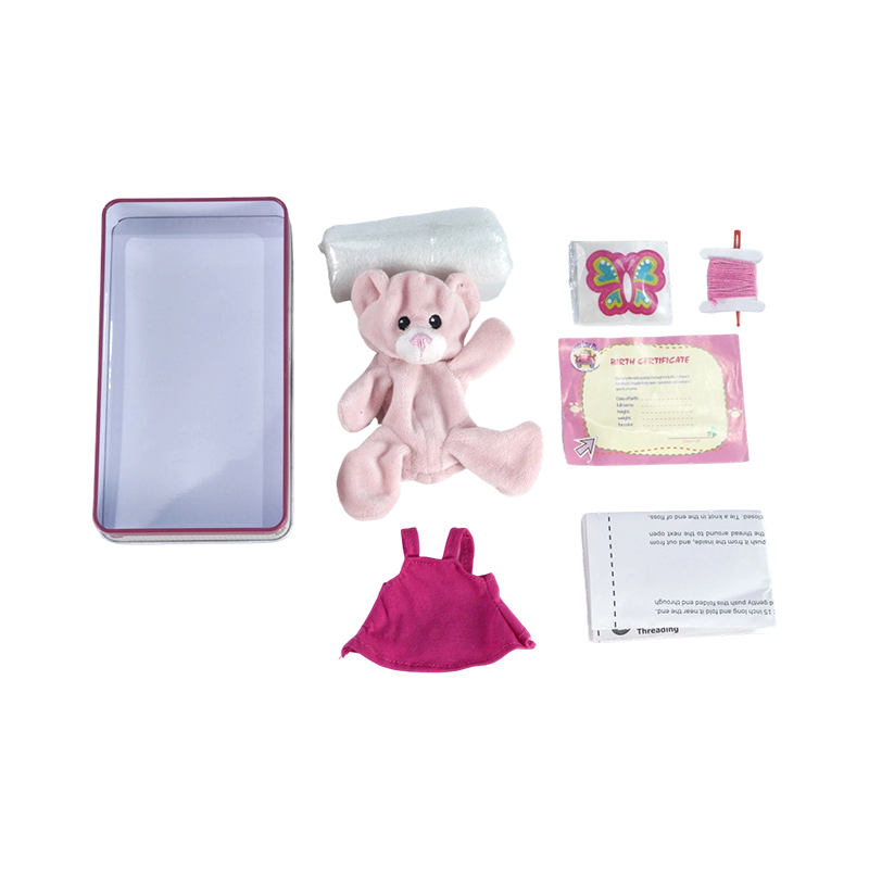 Kit de manualidades DIY con oso de peluche rosa, vestido y decoraciones
