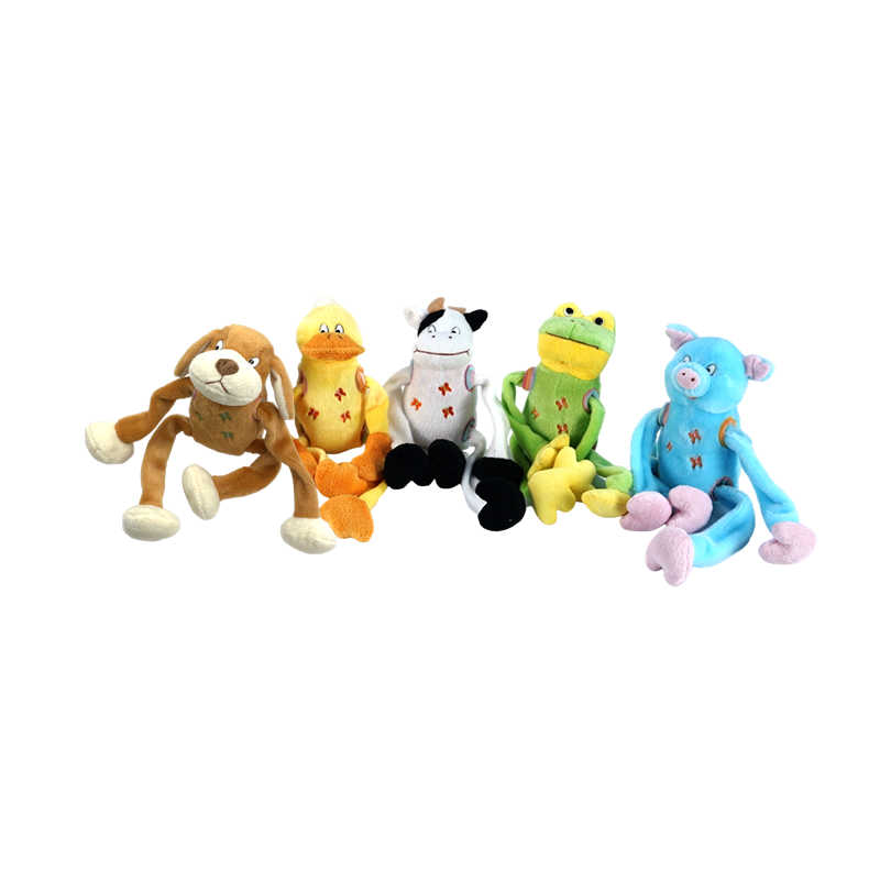 STA0876-1 Juguetes de peluche estilo cinco de Shaking Farm – vaca, rana, pato, perro, cerdo